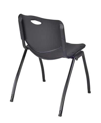 Cain 42" Round Breakroom Table- Grey & 4 'M' Stack Chairs- Black Regency