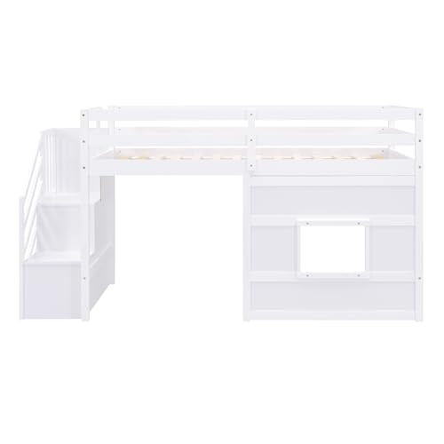 Bellemave Low Loft Bed with Stairs, Twin Size Storage Loft Bed Frame with Staircase and Window, Wood Kids Loft Bed with Steps for Boys Girls Teens, White Bellemave