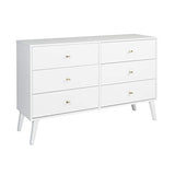 Prepac Milo Mid-Century 6 Drawer Double Dresser For Bedroom, 16" D x 52.50" W x 33" H, White Prepac