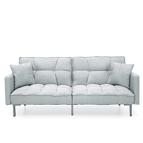 Best Choice Products Convertible Linen Fabric Tufted Split-Back Plush Futon Sofa Furniture for Living Room, Apartment, Bonus Room, Overnight Guests w/ 2 Pillows, Wood Frame, Metal Legs - Light Gray Best Choice Products