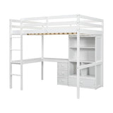 PVWIIK Full Size Loft Bed with Desk & Storage Shelves & Storage Drawers for Kids,Teens,Adults,High Loft Bed with Built-in Ladder & Guardrails,Space Saving,White PVWIIK