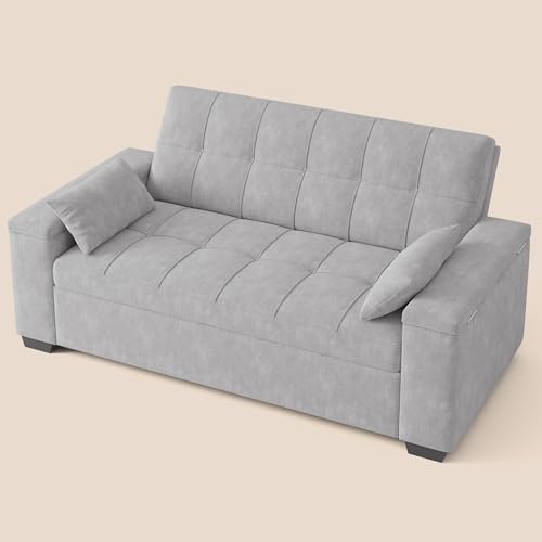 Gizoon Convertible Sofa Bed Futon, 70.9'' Sleeper Loveseat with Pull Out Couch, 3 in 1 Plush Fleece Fabric Futon Couch with Side Pockets, Storage Armrest & Adjustable Backrest for Living Room, Grey Gizoon