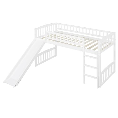 Harper & Bright Designs Twin Loft Bed with Slide and Ladder, Kids Loft Bed, Wooden Low Loft Bed for Kids, No Box Spring Needed, White Harper & Bright Designs
