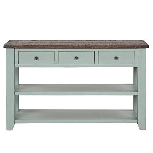 Knocbel Wood Console Table with 3 Drawers and 2 Shelves, Vintage Sofa Tables with Solid Pine Frame and 4 Legs for Entryway Hallway Living Room, 48.82" W x 15.75" D x 30" H, Retro Blue&Brown Top Knocbel
