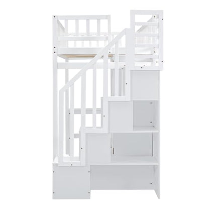 DRELOFT Twin Loft Bed with Desk, Stairs, Shelves, and Wardrobe in White - WoodArtSupply