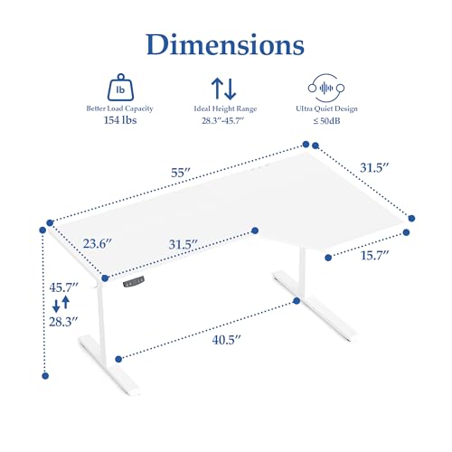 Klicelor 55 Inch L Shaped Standing Desk, Adjustable Height Corner Desk for Home Office Workstation, Sit Stand Desk with Two-Piece Desktop, White Klicelor