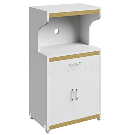 Lavish Home Microwave Stand with Storage – Rolling White Cabinet with Doors, Drawer, and Locking Wheels – Freestanding Wood Cart (White and Oak) Lavish Home