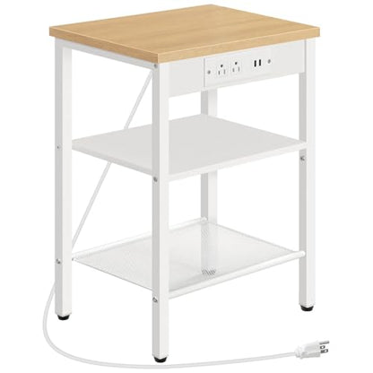 HOOBRO End Table with Charging Station and USB Ports, 3-Tier Nightstand with Adjustable Shelves, Small Side Table for Small Space in Living Room, Bedroom and Balcony, Natural and White WN112B - WoodArtSupply