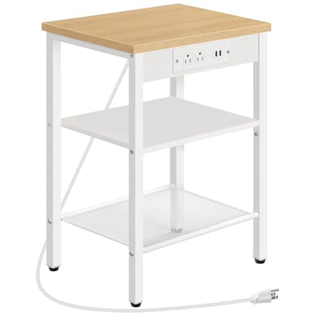 HOOBRO End Table with Charging Station and USB Ports, 3-Tier Nightstand with Adjustable Shelves, Small Side Table for Small Space in Living Room, Bedroom and Balcony, Natural and White WN112BZ01 HOOBRO
