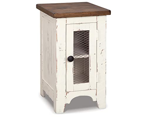 Signature Design by Ashley Wystfield Farmhouse Chair Side End Table with Cabinet Door for Storage, White & Brown with Distressed Finish - WoodArtSupply