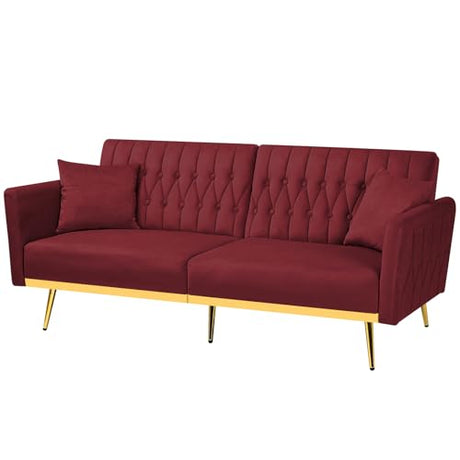 ACMEASE 70” Velvet Futon Sofa Bed with 2 Pillows and Adjustable Armrests, Convertible Sleeper Bed W/Adjustable Backrests, Modern Loveseat for Living Room, Bedroom, Red ACMEASE