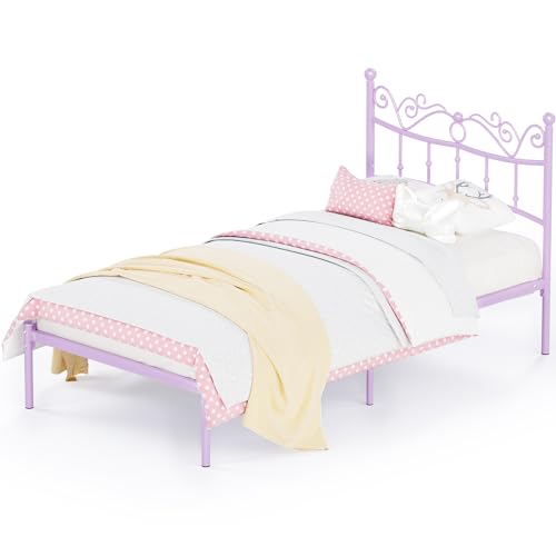 Merronix Twin Bed Frames with Headboard, Elegant Metal Bed Frame for Kids Girls, Modern Twin Size Platform Bed - No Box Spring Needed, 11.2 Inches Height Underbed Storage - Purple Merronix