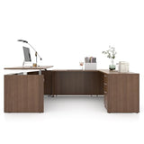 ALFA BUSINESS U-Shaped Executive Office Standing Desk with Pre-Assembled Frame & Lockable File Cabinet, Dual Motor Height Adjustable Electric Sit Stand Desk, Programmable Controller, Walnut/White ALFA BUSINESS