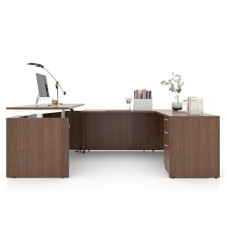 ALFA BUSINESS U-Shaped Executive Office Standing Desk with Pre-Assembled Frame & Lockable File Cabinet, Dual Motor Height Adjustable Electric Sit Stand Desk, Programmable Controller, Walnut/White ALFA BUSINESS