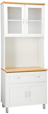 HODEDAH IMPORT Tall Standing Kitchen Cabinet with Top and Bottom Enclosed Cabinet Space, 1-Drawer, Large Open Space for Microwave in White Hodedah