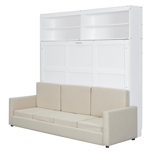 LZ LEISURE ZONE Queen Size Murphy Bed, Wooden Queen Murphy Bed with Sofa, Cushion and Shelves, White LZ LEISURE ZONE