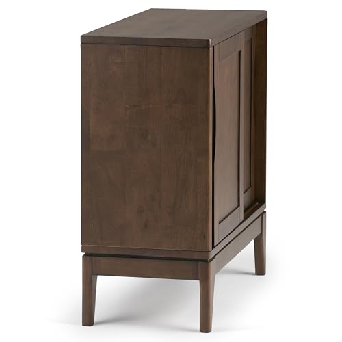 SIMPLIHOME Harper SOLID WOOD 30 inch Wide Mid Century Modern Low Storage Cabinet in Walnut Brown, with Large Space Behind 2 Sliding Notched Handle SIMPLIHOME