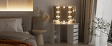 Likein Corner Makeup Vanity Desk with Mirror and Lights, Bedroom Vanity Table with Lighted Mirror 5 Drawers and Storage Shelf for Women Girls White Likein