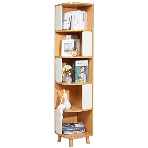 SELFLA Nordic 5-Tier Wood Corner Bookshelf – Modern Tall Bookcase in Natural & White SELFLA