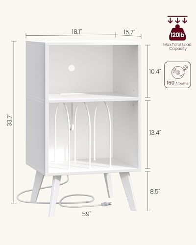 Yzosvki Record Player Stand, 3-Tier Side End Table with Charging Station, Turntable Stand Up to 160 Albums, Vinyl Storage Cabinet Dispaly Shelf for Living Room, Classic White Yzosvki