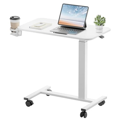 GTPLAYER Small Standing Desk with Lockable Wheels, Pneumatic Mobile Rolling Laptop Desk,Adjustable Height Overbed Bedside Table Computer Workstation for Home Office (28" W x 16" D, White)