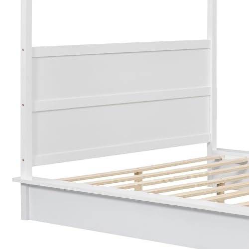 Bellemave Canopy Bed Frame Wood Four Posters Twin/Full/Queen/King LED Platform Bed with Built-in Headboard Strong Wooden Slat Support, No Box Spring Needed,White (Full)