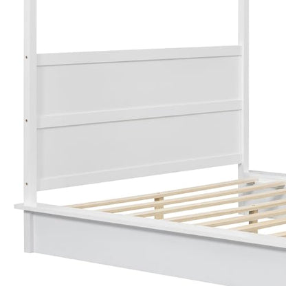 Bellemave Canopy Bed Frame Wood Four Posters Twin/Full/Queen/King LED Platform Bed with Built-in Headboard Strong Wooden Slat Support, No Box Spring Needed,White (Full)