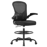 Ergonomic Drafting Chair, Tall Office Chair with Flip-up Armrests, Breathable Mesh High Desk Chair with Lumbar Support Adjustable Footrest Ring for Standing Desk Black Synorla