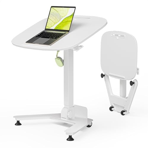 WALKINGDESK Foldable Pneumatic Height Adjustable Mobile Standing Desk with 90° Tiltable Tabletop, 27.2x18.9 Inch Portable Laptop Desk with Wheels, Holds Up to 66.1lbs for Home Office, Study, White WALKINGDESK