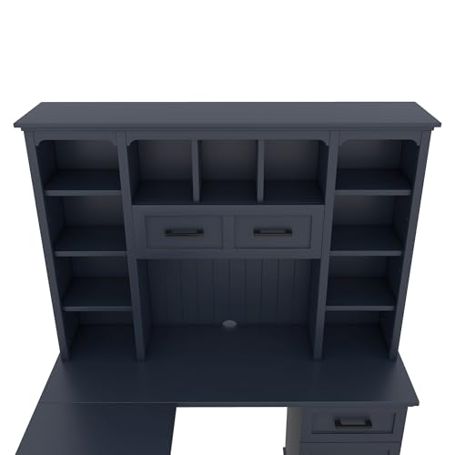 Hlcodca L Shaped Computer Desk with Drawers, Bookshelf & Hutch, Modern Corner Home Office Desk, L-Shaped Study Table Writing Corner Gaming Computer Desk with Storage (Antique Blue) Hlcodca