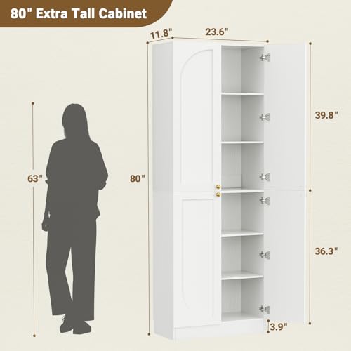 Cyclysio 80" Extra Tall Kitchen Pantry, Arched Storage Cabinet with 4 Doors and Adjustable Shelves, Freestanding Wood Cupboard with Seamless Fit Wall for Living Dining Room Bathroom Cyclysio