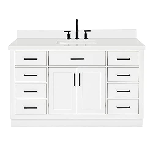 ARIEL Hepburn 55" White Bathroom Vanity with Sink, 1.5" Edge Pure White Quartz Countertop & Splash, Rectangular Sink, 2 Soft Closing Doors, 8 Full Extension Dovetail & 1 45-Degree Tilt Drawers ARIEL