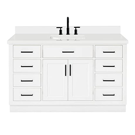 ARIEL Hepburn 55" White Bathroom Vanity with Sink, 1.5" Edge Pure White Quartz Countertop & Splash, Rectangular Sink, 2 Soft Closing Doors, 8 Full Extension Dovetail & 1 45-Degree Tilt Drawers ARIEL