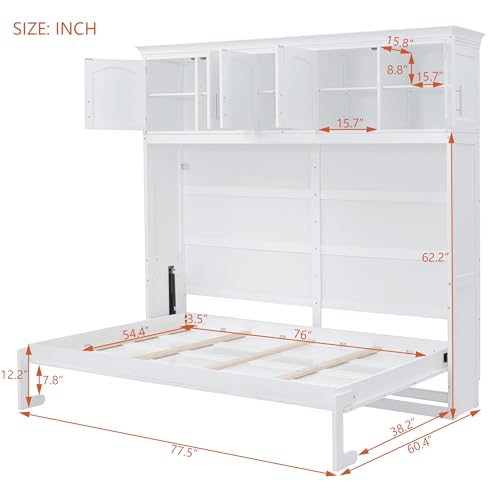 SOFTSEA Full Size Murphy Bed Cabinet with Storage, Solid Wood Murphy Bed with Shelves, Solid Wood Wall Bed Frame can be Folding into a Cabinet, Folding Wall Bed for Guestroom, White SOFTSEA