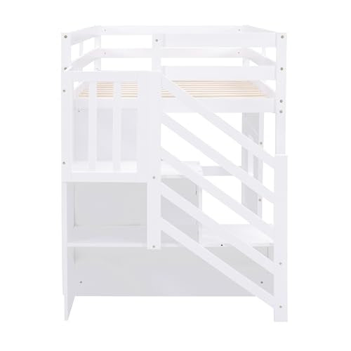 Bellemave Low Loft Bed with Stairs, Twin Size Storage Loft Bed Frame with Staircase and Window, Wood Kids Loft Bed with Steps for Boys Girls Teens, White Bellemave