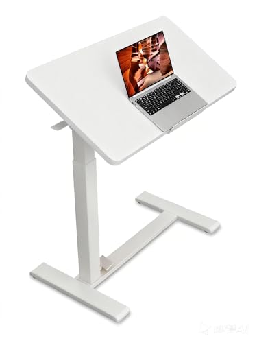 Mobile Standing Desk Adjustable Overbed Table, Pneumatic Height Adjustable Rolling Laptop Desk with Hidden Wheels, 0-180°Tilt Top Rolling Computer Cart Foldable for Home Office, Craft & Study, White Simple Deluxe
