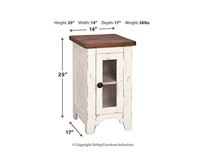 Signature Design by Ashley Wystfield Farmhouse Chair Side End Table with Cabinet Door for Storage, White & Brown with Distressed Finish - WoodArtSupply