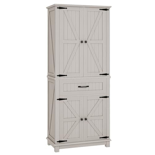 YITAHOME 72.6" H Farmhouse Kitchen Pantry Cabinet, Freestanding Tall Storage Cabinet with 4 Doors, Drawer and Adjustable Shelves, Tall Cupboard for Dining Room, Living Room, White Oak YITAHOME