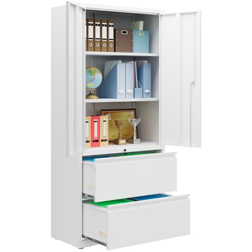 DEVAISE 71" Metal Storage Cabinet, 2-Drawer Lateral File Cabinet, Adjustable Shelves & Doors, White Garage Storage Cabinet, Heavy Duty Tall Cabinet for Home Office, Garage Organization DEVAISE