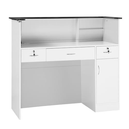 VEVOR Reception Desk, 50 inch Rectangular Front Counter Table, Modern Office Reception Desk with Light Strip, 3 Drawers & Storage Cabinets, Retail Counter Table for Checkout, Lobby, Salon, Office VEVOR
