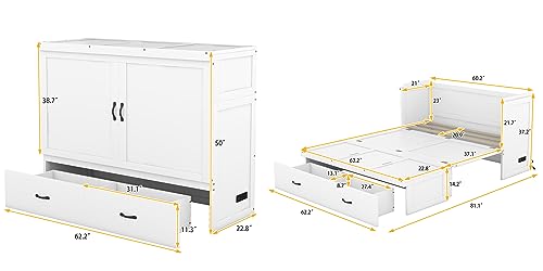 JULYFOX Murphy Bed Chest Queen Size, Hard Wood Platform Bed with Headboard Storage Drawers Underneath No Box Spring Needed 500 lbs Heavy Duty for Small Spaces(Queen,White) JULYFOX