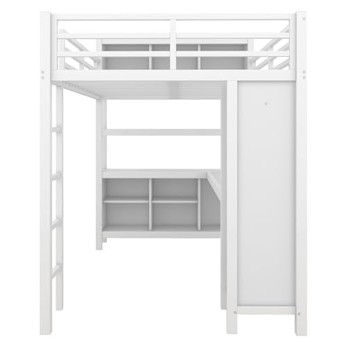 Bellemave Full Metal Loft Bed with Wardrobe, L-Shaped Desk, Storage Cubes and Shelves, Heavy Duty, White Bellemave