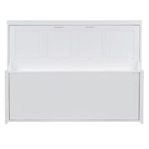Merax Murphy Bed Queen Size with Desk, Wood Folding Wall Bedframe with Smooth Hydraulic Lift, for Small Bedroom, Guest Room, Home Office, White Merax