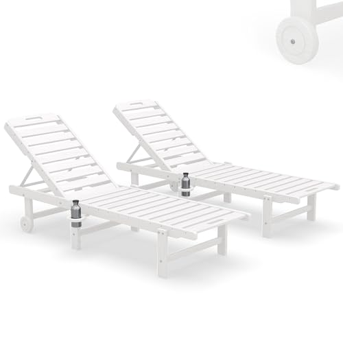 SERWALL Outdoor Chaise Lounge Set of 2, All-Weather HDPE Pool Lounge Chairs with 5-Position Adjustable Backrest, Rolling Wheels & Cup Holder for Poolside, White