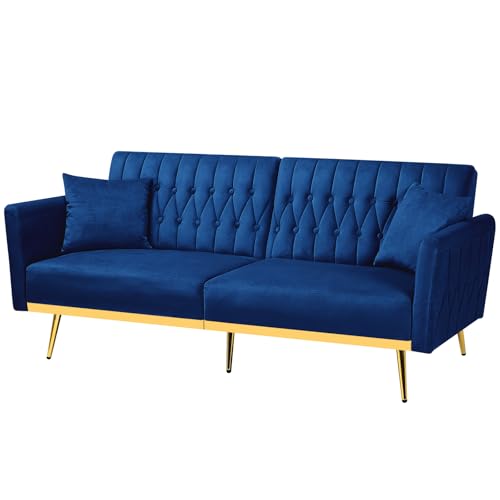 ACMEASE 70” Velvet Futon Sofa Bed w/Adjustable Armrests and Backrest, Convertible Futon Couch w/2 Pillows, Modern Sleeper Bed for Living Room, Bedroom, Blue ACMEASE