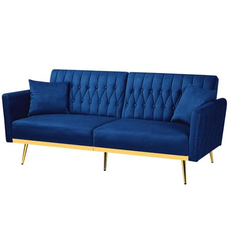 ACMEASE 70” Velvet Futon Sofa Bed w/Adjustable Armrests and Backrest, Convertible Futon Couch w/2 Pillows, Modern Sleeper Bed for Living Room, Bedroom, Blue ACMEASE