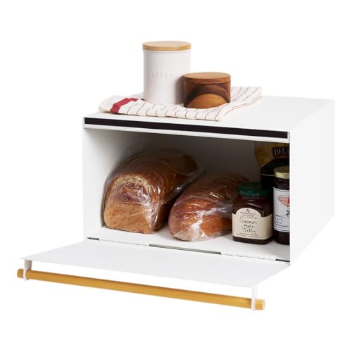 Yamazaki Home Bread Box Keeper Holder Container, Metal Bread Holder Saver, Slim Space Saving Counter Storage Steel + WoodWhite YAMAZAKI