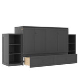 KEIKI Queen Size Murphy Bed Chest, Folding Cabinet Wall Bed Frame with Storage Drawers & Shelves, Space Saving Hideaway Cabinets Beds Frames for Apartment Bedroom Guest Room, Wood Slat Support, Grey KEIKI