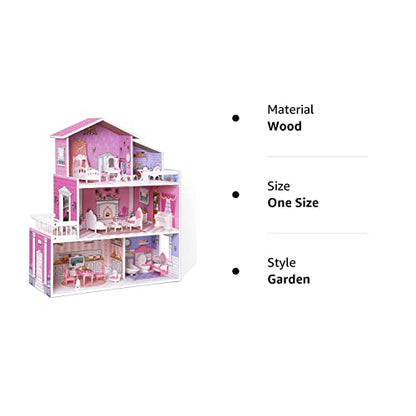 ROBUD Wooden Dollhouse Playset, 3 Stories, 5 Rooms, 24 PCS Furniture, Pretend Play Toys Gift for Kids Toddlers Girls