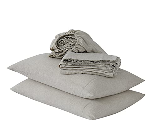 100% Linen Sheets Twin Linen Bedding 100% French Natural Flax with Stone Washed 16 Inch Deep Pocket Ultra Breathable (1 Flat, 1 Fitted Sheet and 1 Pillowcase Natural Linen Twin) Berklan